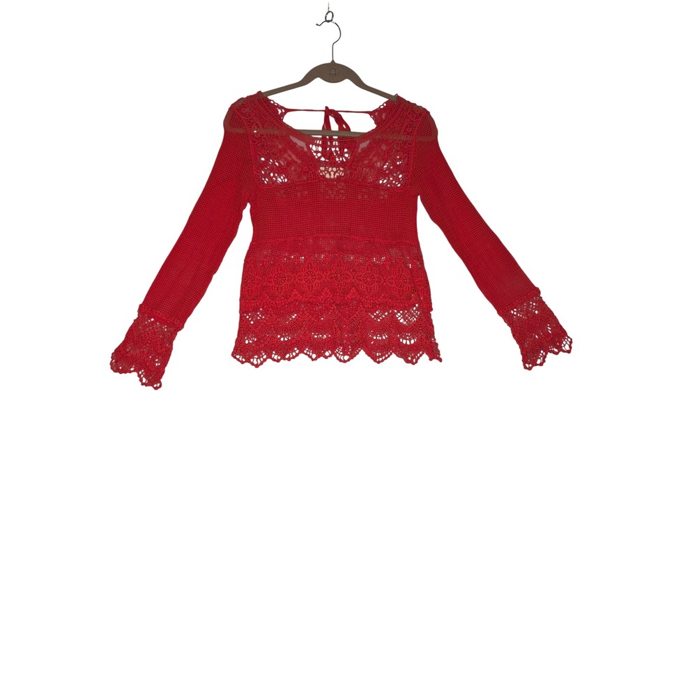 Staring at Stars Y2K  Red Crochet Lace LongSleeve Tie Back Top XS Boho Romantic